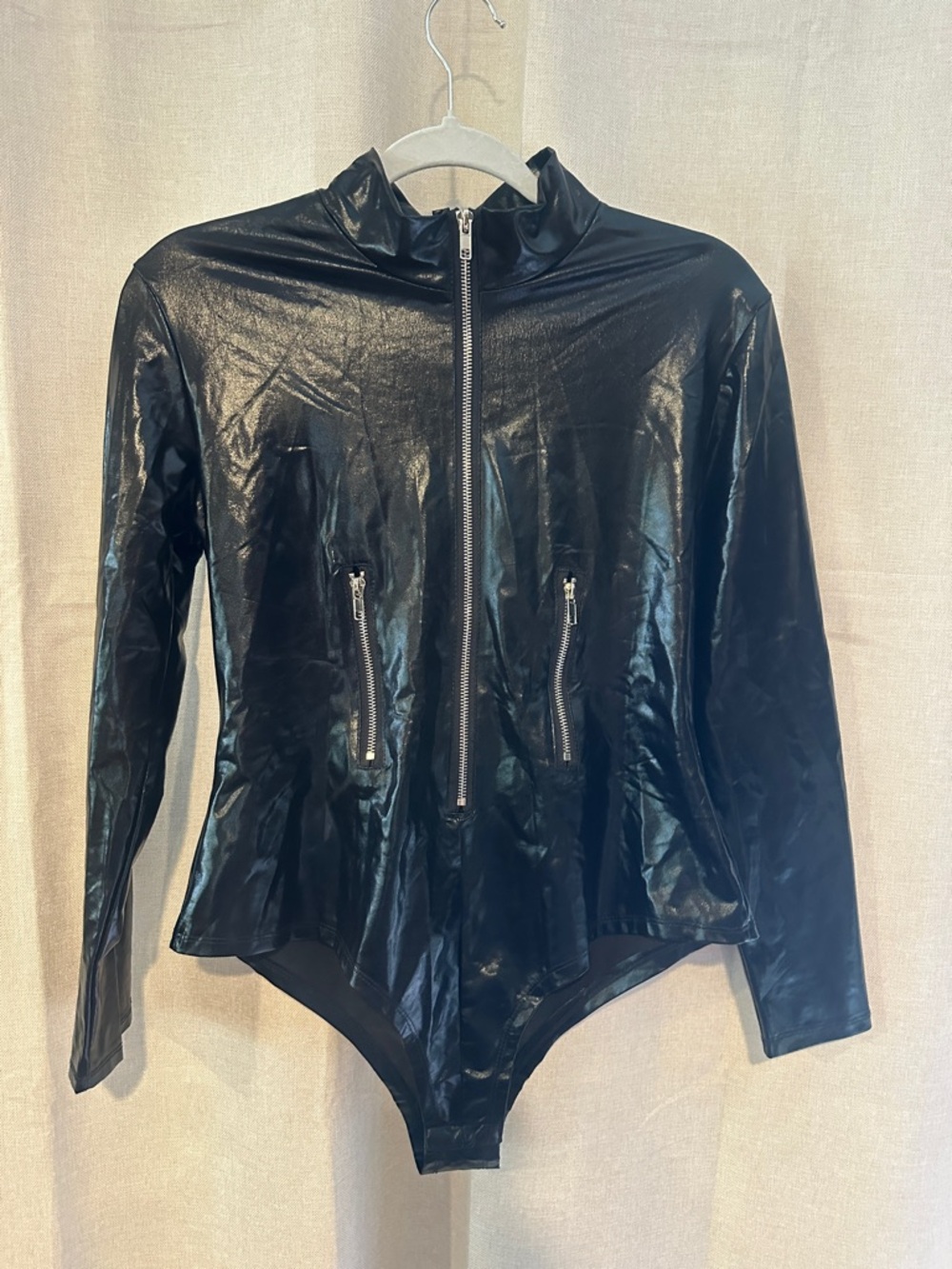 Black Faux Leather Long-Sleeve Zip Front Bodysuit Jacket